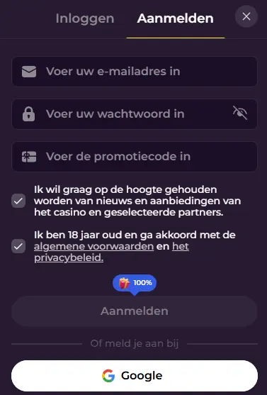 Snel formulier om een spelersaccount aan te maken